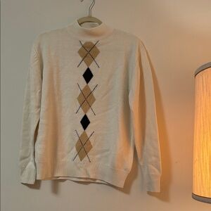 Elegant Cream Argyle Turtleneck Sweater